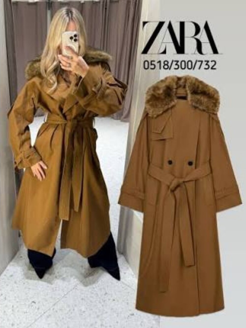 Zara Oversized Trench Coat with Faux Fur Collar water repellent Size S
